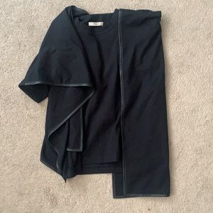 Céline black tee shirt w sewn in cape/scarf w leather trim by Phoebe Philo